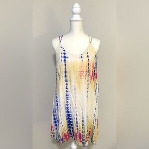 Love Riche Womens L Blue/Yellow/Pink Tie-Dye Print Crisscross Strap Dress Boho